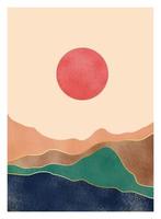 set of creative minimalist hand painted illustrations of Mid century modern. Natural abstract landscape background. mountain, forest, sea, sky, sun and river vector