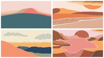 Impresión de arte minimalista moderno de mediados de siglo. Paisajes abstractos de fondos estéticos contemporáneos con sol, luna, mar, montañas. ilustraciones vectoriales vector