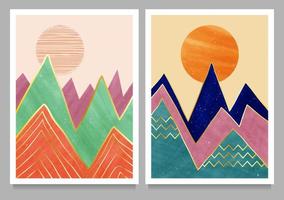 set of Mid century modern minimalist. Abstract nature, sea, sky, sun, rock mountain landscape poster. Geometric landscape background in scandinavian style. Vector illustration