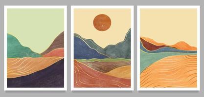 Conjunto de ilustraciones creativas minimalistas pintadas a mano de mediados de siglo moderno. Fondo de paisaje abstracto natural. montaña, bosque, mar, cielo, sol y río vector