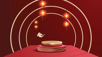 Abstract minimal mock up scene. podium for show product display. stage pedestal or platform. Chinese new year red and gold background. 3D vector