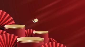 Abstract minimal mock up scene. podium for show product display. stage pedestal or platform. Chinese new year red and gold background. 3D vector