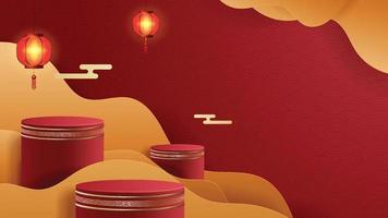 Abstract minimal mock up scene. podium for show product display. stage pedestal or platform. Chinese new year red and gold background. 3D vector