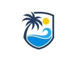 Shield with palm tree and beautiful wave in beach vector