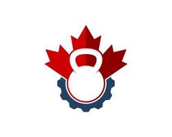 Red maple leaf with gym kettle bell and gear vector