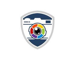 Simple shield with rainbow lens camera inside vector