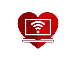 Red love shape with laptop computer with wifi symbol inside vector