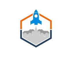 Hexagonal shape with rocket glide inside vector