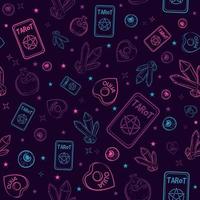 Occult and witchy seamless pattern with purple and blue elements. Tarot cards, precious gems, ouija board and flasks. Wiccan and esoteric repeat background with psychedelic and magic objects. vector