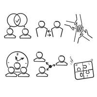 Dibujado a mano doodle mínimo trabajo en equipo en gestión empresarial conjunto de iconos ilustración vectorial aislado vector