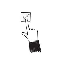 hand drawn doodle finger choosing and tap button on screen illustration vector