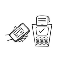 pago sin contacto dibujado a mano. concepto de terminal de pago de comunicación de campo cercano. transacciones en línea, paypass y nfc. en estilo doodle vector