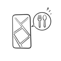 hand drawn doodle map, spoon and fork symbol for restaurant location sign illustration vector