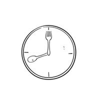 Dibujado a mano doodle cuchara y tenedor con símbolo de reloj para icono de ilustración de hora de comida vector