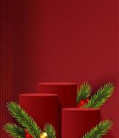 Feliz Navidad es la forma del podio de geometría para mostrar la exhibición de productos cosméticos. pedestal o plataforma de escenario. Fondo rojo de Navidad de invierno con árbol de Navidad para producto de promoción. diseño vectorial vector