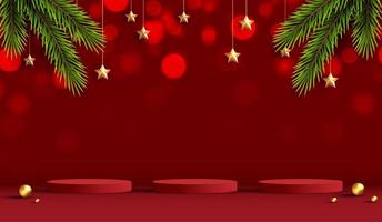 Merry Christmas is geometry podium shape for show cosmetic product display. stage pedestal or platform. winter christmas red background with tree xmas for promotion product. vector design