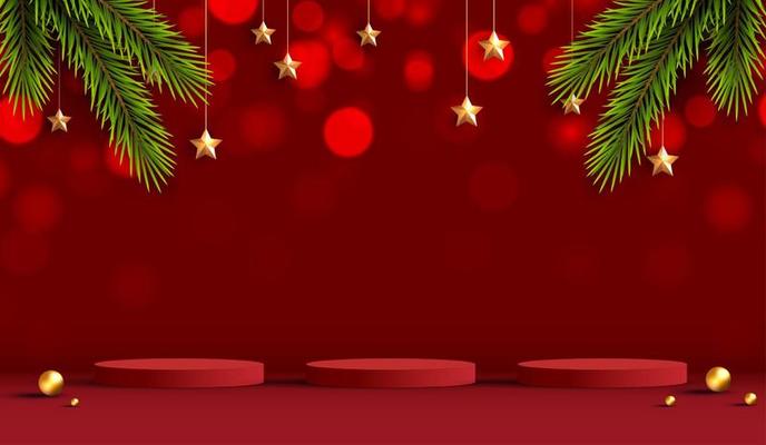 Merry Christmas is geometry podium shape for show cosmetic product display. stage pedestal or platform. winter christmas red background with tree xmas for promotion product. vector design