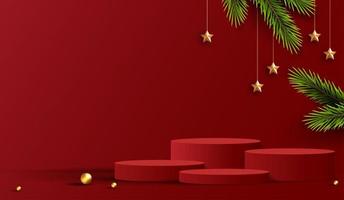 Feliz Navidad es la forma del podio de geometría para mostrar la exhibición de productos cosméticos. pedestal o plataforma de escenario. Fondo rojo de Navidad de invierno con árbol de Navidad para producto de promoción. diseño vectorial vector