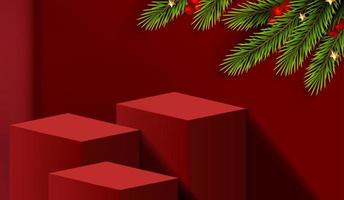 Merry Christmas is geometry podium shape for show cosmetic product display. stage pedestal or platform. winter christmas red background with tree xmas for promotion product. vector design