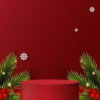 Feliz Navidad es la forma del podio de geometría para mostrar la exhibición de productos cosméticos. pedestal o plataforma de escenario. Fondo rojo de Navidad de invierno con árbol de Navidad para producto de promoción. diseño vectorial vector