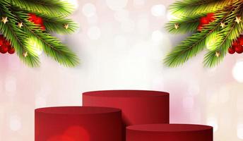 Feliz Navidad es la forma del podio de geometría para mostrar la exhibición de productos cosméticos. pedestal o plataforma de escenario. Fondo rojo de Navidad de invierno con árbol de Navidad para producto de promoción. diseño vectorial vector