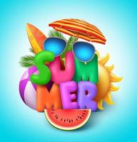 Summer vector banner design with colorful text with elements like beach ball and umbrella for summer season