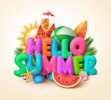 Hello summer text banner design with colorful summer elements like watermelons and beach balls in yellow background. vector