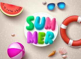 Summer vector banner design. Summer text with colorful elements and white circle in beach sand background.