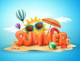 Summer vector banner design concept of 3d text in beach island with summer elements and balloons in blue sky background.