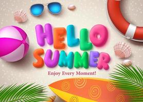 Hello summer colorful vector text in banner design with palm leaves, beach ball and starfish in the sand background