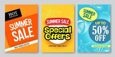 Venta de verano, diseños de banners web vectoriales y ofertas especiales para promoción de compras en la tienda de vacaciones de verano. vector