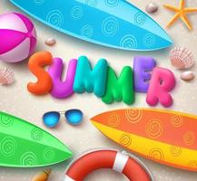 Fondo de vector de vacaciones de verano en la playa con texto colorido de verano, tablas de surf y elementos en la arena para la temporada tropical.