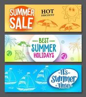 Venta de verano y vacaciones de verano diseños de banners web vectoriales con fondos coloridos vector