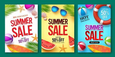 Summer sale vector poster set with discount text and summer elements in colorful backgrounds