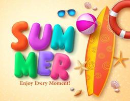 Summer vector design concept with colorful 3D text and summer elements in beach sand background.