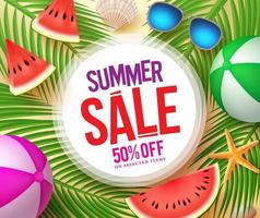 Summer sale text in white circle with colorful vector summer elements and palm leaves background