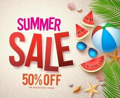 Vector summer sale banner design with red sale text and colorful elements in beach sand background for shopping discount promotion.