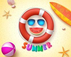 Summer funny vector concept with 3d text and summer elements in sand beach background.