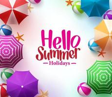 hola fondo de verano con sombrilla de playa colorida realista 3d, bolas y estrellas de mar en fondo blanco para las vacaciones de verano. vector