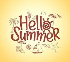 Simple Hello Summer Poster Design with Hand Drawing Vector Elements and Decoration of Summer Items