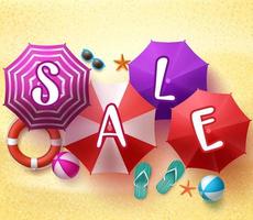 Summer Sale in 3D Realistic Colorful Beach Umbrella in the Sea Shore with Summer Items in the Sand. vector