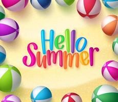 Beach Ball Background with Hello Summer Text in the Sand for Summer Season. vector