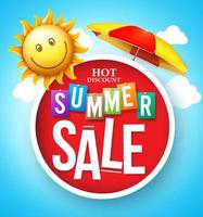 Summer Sale Hot Discount in Red Circle Floating with Umbrella and Happy Sun in the Cloudy Sky for Summer Promotion. vector