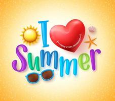 I Love Summer Design Concept with Happy Heart and Summer Elements in Yellow Background for Summer Season. vector