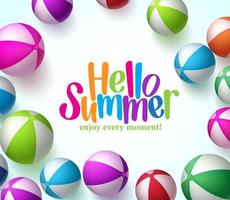 Colorful Vector Beach Balls Background in White with Hello Summer Title in Center.