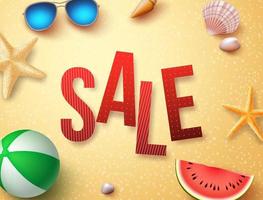 Summer sale vector banner design with palm leaves, elements and objects in beach sand background for holiday promotion.