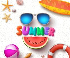 Summer vector text in white sand background with colorful sunglasses and watermelon concept for happy beach vacation.