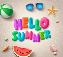 Hola verano banner de vector de texto colorido en la playa con elementos como gafas de sol, conchas de mar y sandía en el fondo de arena.