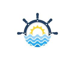 Half of ship steering wheel with abstract beach wave and sunset vector