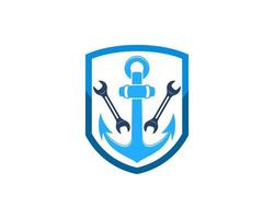 Shield with nautical anchor and wrench inside vector